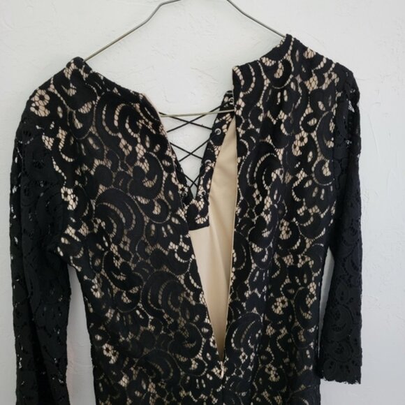Xhilaration Black Cream Lace 3/4 Sleeve Lace-Up V-Neck Dress Size XS - Picture 4 of 8
